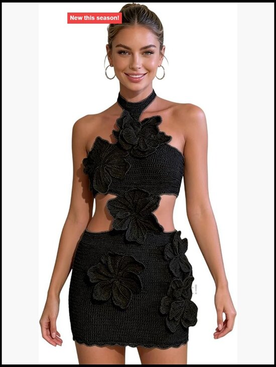 Dresses & Skirts - Women's Floral Crochet Knit Sleeveless Halter Mini Dress Bodycon Sheer